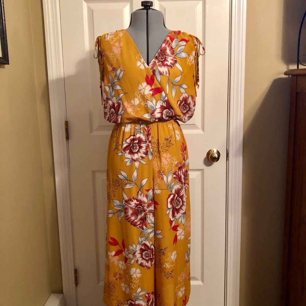 Mustard Floral Print Jumpsuit, Size Small